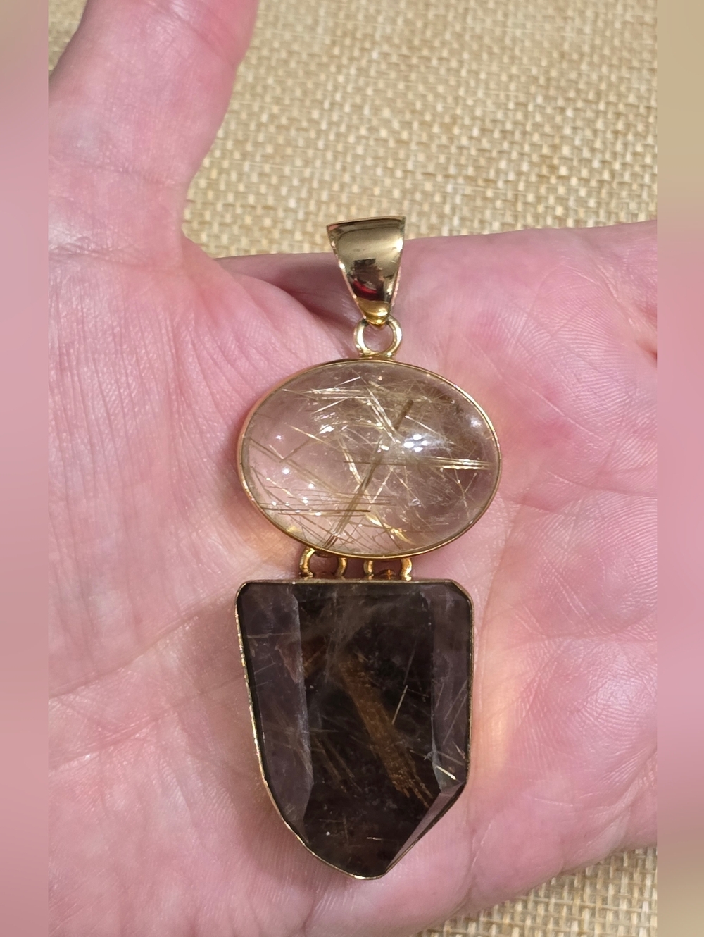Charles Albert Gold-Tone Rutilated Quartz & Smoky Quartz Double Stone Pendant